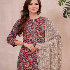 Maroon Pure Cotton Printed Round Neck 3/4 Sleeves Calf Length Straight Kurta Palazzo And Dupatta Set Mizazjaipur