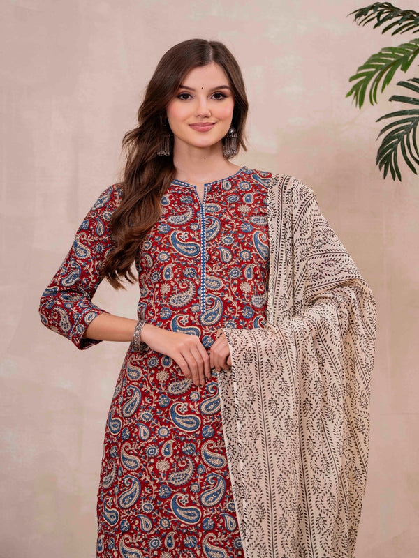 Maroon Pure Cotton Printed Round Neck 3/4 Sleeves Calf Length Straight Kurta Palazzo And Dupatta Set Mizazjaipur