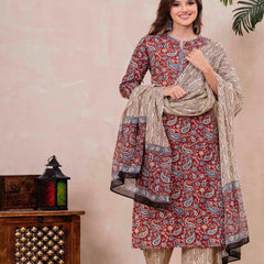 Maroon Pure Cotton Printed Round Neck 3/4 Sleeves Calf Length Straight Kurta Palazzo And Dupatta Set Mizazjaipur