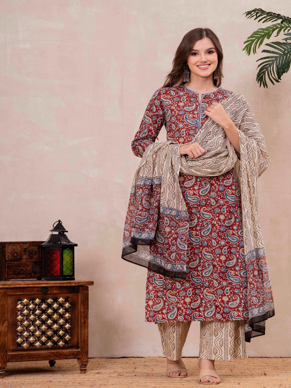 Maroon Pure Cotton Printed Round Neck 3/4 Sleeves Calf Length Straight Kurta Palazzo And Dupatta Set Mizazjaipur