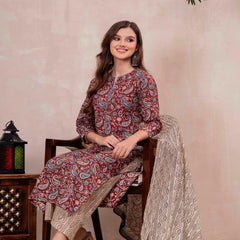 Maroon Pure Cotton Printed Round Neck 3/4 Sleeves Calf Length Straight Kurta Palazzo And Dupatta Set Mizazjaipur