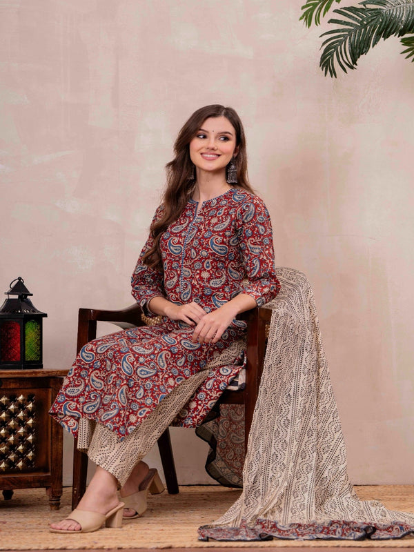 Maroon Pure Cotton Printed Round Neck 3/4 Sleeves Calf Length Straight Kurta Palazzo And Dupatta Set Mizazjaipur