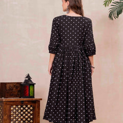 Black Pure Cotton Printed Embroidered Round Neck 3/4 Sleeves Calf Length Flared Kurta Pant And Dupatta Set Mizazjaipur
