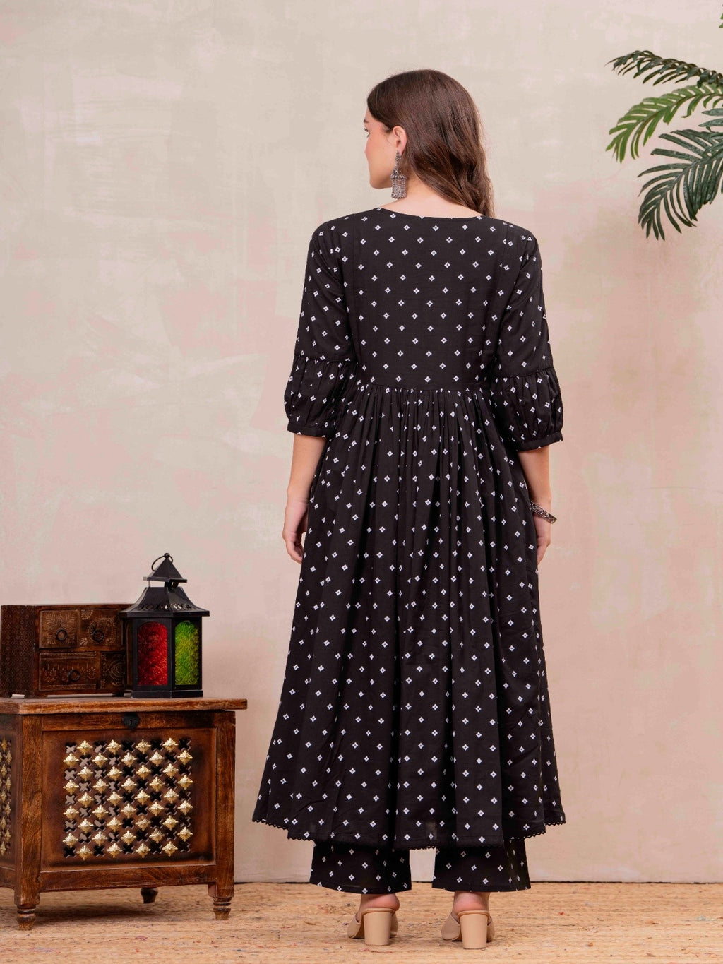 Black Pure Cotton Printed Embroidered Round Neck 3/4 Sleeves Calf Length Flared Kurta Pant And Dupatta Set Mizazjaipur