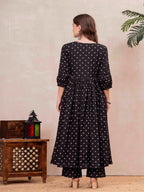 Black Pure Cotton Printed Embroidered Round Neck 3/4 Sleeves Calf Length Flared Kurta Pant And Dupatta Set Mizazjaipur