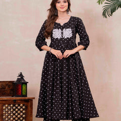 Black Pure Cotton Printed Embroidered Round Neck 3/4 Sleeves Calf Length Flared Kurta Pant And Dupatta Set Mizazjaipur