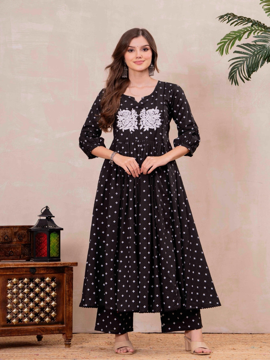 Black Pure Cotton Printed Embroidered Round Neck 3/4 Sleeves Calf Length Flared Kurta Pant And Dupatta Set Mizazjaipur
