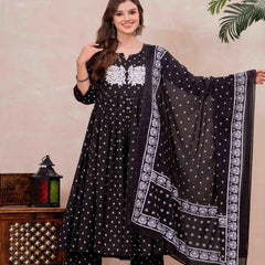 Black Pure Cotton Printed Embroidered Round Neck 3/4 Sleeves Calf Length Flared Kurta Pant And Dupatta Set Mizazjaipur