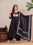 Black Pure Cotton Printed Embroidered Round Neck 3/4 Sleeves Calf Length Flared Kurta Pant And Dupatta Set Mizazjaipur