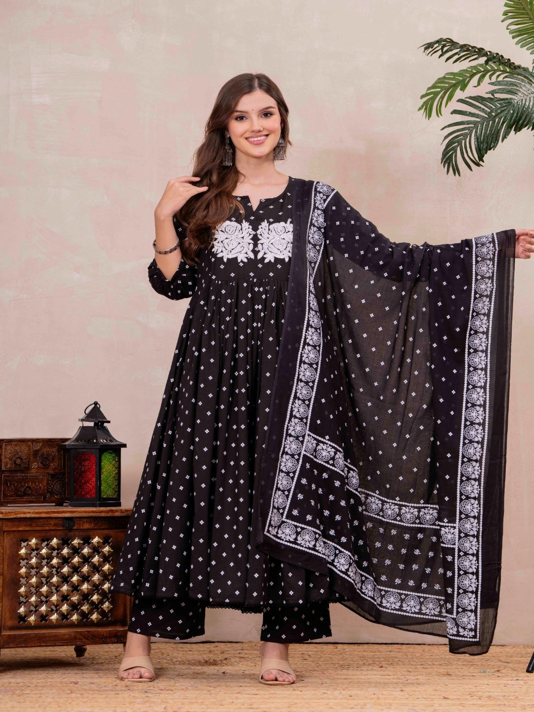 Black Pure Cotton Printed Embroidered Round Neck 3/4 Sleeves Calf Length Flared Kurta Pant And Dupatta Set Mizazjaipur