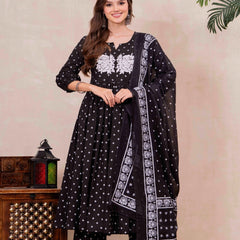 Black Pure Cotton Printed Embroidered Round Neck 3/4 Sleeves Calf Length Flared Kurta Pant And Dupatta Set Mizazjaipur