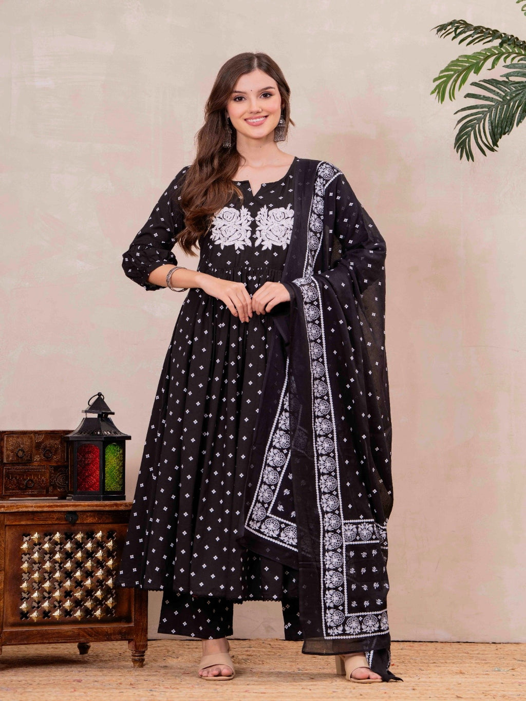 Black Pure Cotton Printed Embroidered Round Neck 3/4 Sleeves Calf Length Flared Kurta Pant And Dupatta Set Mizazjaipur