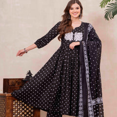 Black Pure Cotton Printed Embroidered Round Neck 3/4 Sleeves Calf Length Flared Kurta Pant And Dupatta Set Mizazjaipur