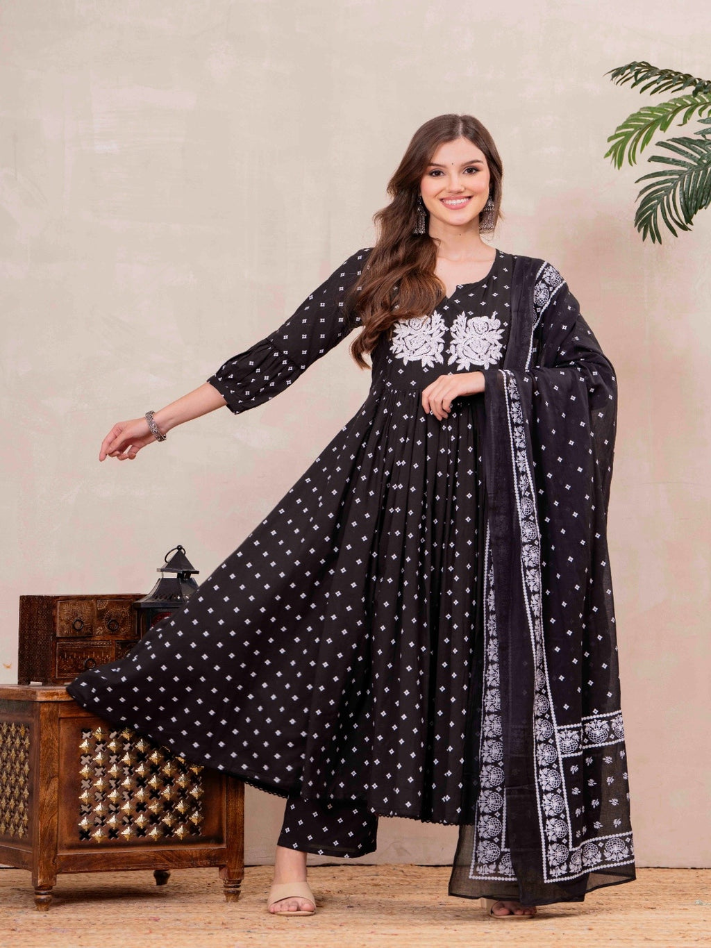 Black Pure Cotton Printed Embroidered Round Neck 3/4 Sleeves Calf Length Flared Kurta Pant And Dupatta Set Mizazjaipur