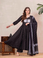 Black Pure Cotton Printed Embroidered Round Neck 3/4 Sleeves Calf Length Flared Kurta Pant And Dupatta Set Mizazjaipur