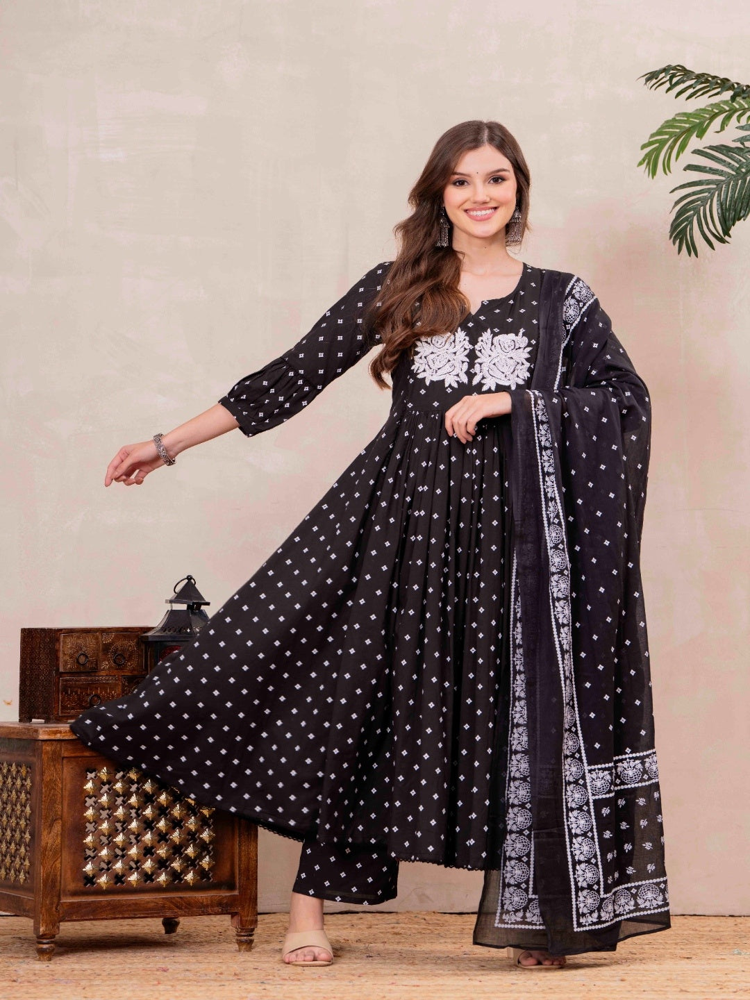 Black Pure Cotton Printed Embroidered Round Neck 3/4 Sleeves Calf Length Flared Kurta Pant And Dupatta Set Mizazjaipur