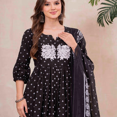 Black Pure Cotton Printed Embroidered Round Neck 3/4 Sleeves Calf Length Flared Kurta Pant And Dupatta Set Mizazjaipur