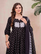 Black Pure Cotton Printed Embroidered Round Neck 3/4 Sleeves Calf Length Flared Kurta Pant And Dupatta Set Mizazjaipur