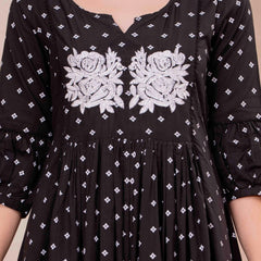 Black Pure Cotton Printed Embroidered Round Neck 3/4 Sleeves Calf Length Flared Kurta Pant And Dupatta Set Mizazjaipur