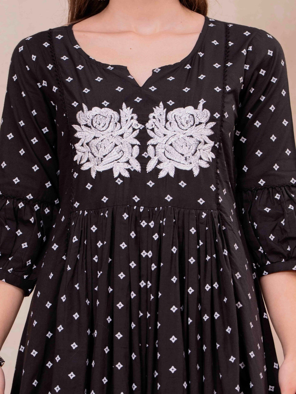 Black Pure Cotton Printed Embroidered Round Neck 3/4 Sleeves Calf Length Flared Kurta Pant And Dupatta Set Mizazjaipur