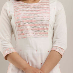 White Rayon Embroidered Round Neck 3/4 Sleeves Calf Length Straight Kurta