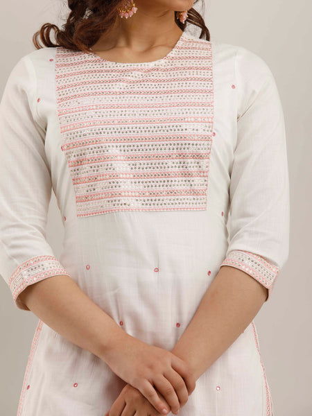 White Rayon Embroidered Round Neck 3/4 Sleeves Calf Length Straight Kurta