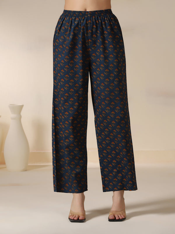 Teal Blue Pure Cotton Printed Sequence Work Round Neck 3/4 Sleeves Calf Length Flared Kurta Pant And Dupatta Set Mizazjaipur