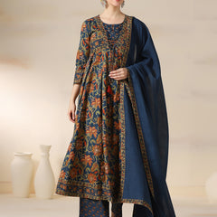 Teal Blue Pure Cotton Printed Sequence Work Round Neck 3/4 Sleeves Calf Length Flared Kurta Pant And Dupatta Set Mizazjaipur