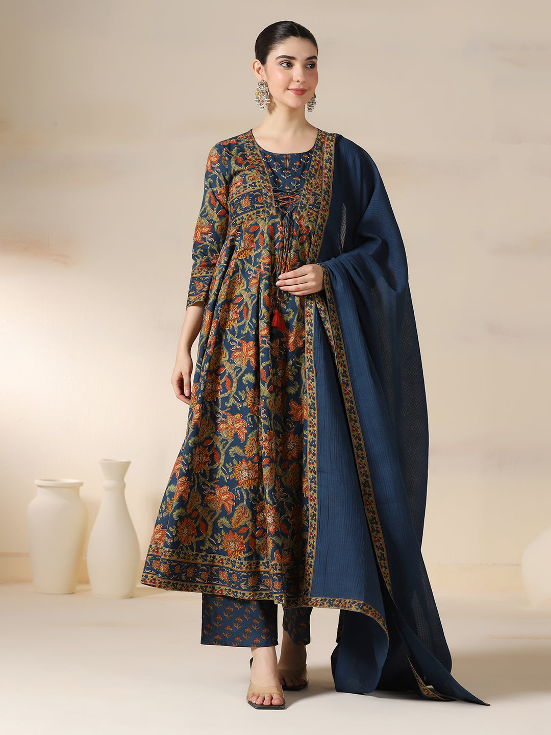 Teal Blue Pure Cotton Printed Sequence Work Round Neck 3/4 Sleeves Calf Length Flared Kurta Pant And Dupatta Set Mizazjaipur