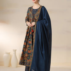 Teal Blue Pure Cotton Printed Sequence Work Round Neck 3/4 Sleeves Calf Length Flared Kurta Pant And Dupatta Set Mizazjaipur