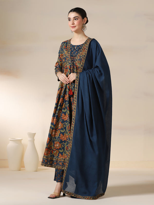 Teal Blue Pure Cotton Printed Sequence Work Round Neck 3/4 Sleeves Calf Length Flared Kurta Pant And Dupatta Set Mizazjaipur
