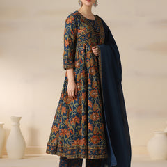 Teal Blue Pure Cotton Printed Sequence Work Round Neck 3/4 Sleeves Calf Length Flared Kurta Pant And Dupatta Set Mizazjaipur