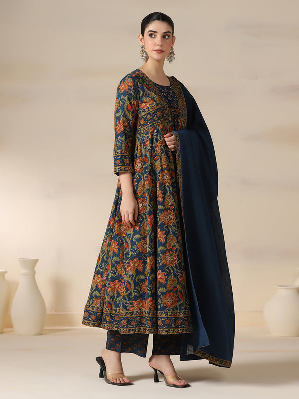 Teal Blue Pure Cotton Printed Sequence Work Round Neck 3/4 Sleeves Calf Length Flared Kurta Pant And Dupatta Set Mizazjaipur