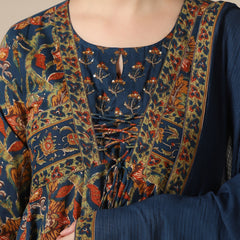 Teal Blue Pure Cotton Printed Sequence Work Round Neck 3/4 Sleeves Calf Length Flared Kurta Pant And Dupatta Set Mizazjaipur