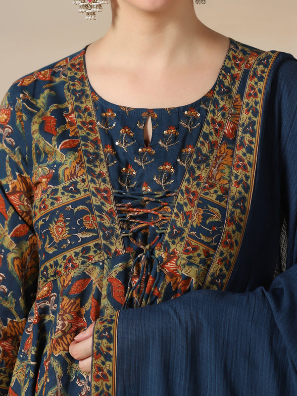 Teal Blue Pure Cotton Printed Sequence Work Round Neck 3/4 Sleeves Calf Length Flared Kurta Pant And Dupatta Set Mizazjaipur