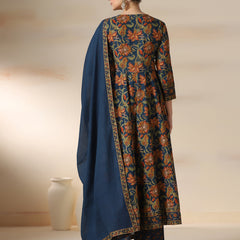 Teal Blue Pure Cotton Printed Sequence Work Round Neck 3/4 Sleeves Calf Length Flared Kurta Pant And Dupatta Set Mizazjaipur
