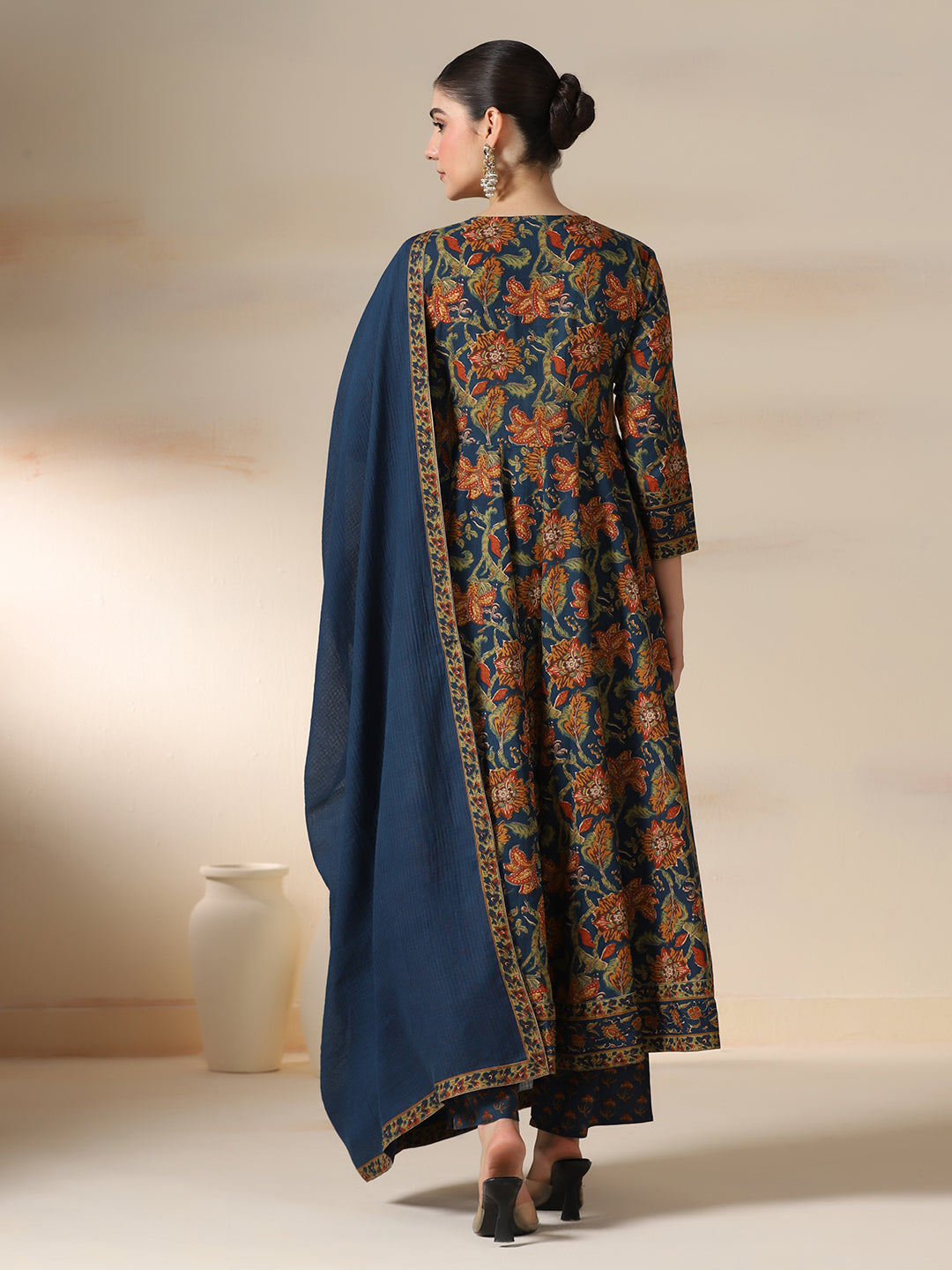 Teal Blue Pure Cotton Printed Sequence Work Round Neck 3/4 Sleeves Calf Length Flared Kurta Pant And Dupatta Set Mizazjaipur