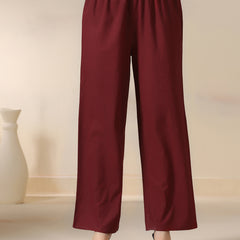 Maroon Pure Cotton Solid Round Neck Full Sleeves Calf Length Flared Kurta Pant And Dupatta Set Mizazjaipur