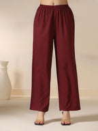 Maroon Pure Cotton Solid Round Neck Full Sleeves Calf Length Flared Kurta Pant And Dupatta Set Mizazjaipur