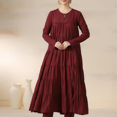 Maroon Pure Cotton Solid Round Neck Full Sleeves Calf Length Flared Kurta Pant And Dupatta Set Mizazjaipur