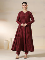 Maroon Pure Cotton Solid Round Neck Full Sleeves Calf Length Flared Kurta Pant And Dupatta Set Mizazjaipur