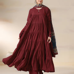 Maroon Pure Cotton Solid Round Neck Full Sleeves Calf Length Flared Kurta Pant And Dupatta Set Mizazjaipur