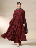 Maroon Pure Cotton Solid Round Neck Full Sleeves Calf Length Flared Kurta Pant And Dupatta Set Mizazjaipur