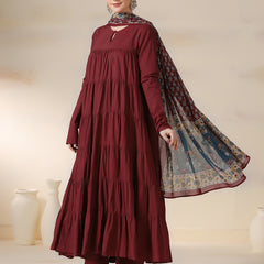 Maroon Pure Cotton Solid Round Neck Full Sleeves Calf Length Flared Kurta Pant And Dupatta Set Mizazjaipur
