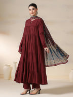 Maroon Pure Cotton Solid Round Neck Full Sleeves Calf Length Flared Kurta Pant And Dupatta Set Mizazjaipur