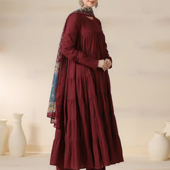 Maroon Pure Cotton Solid Round Neck Full Sleeves Calf Length Flared Kurta Pant And Dupatta Set Mizazjaipur
