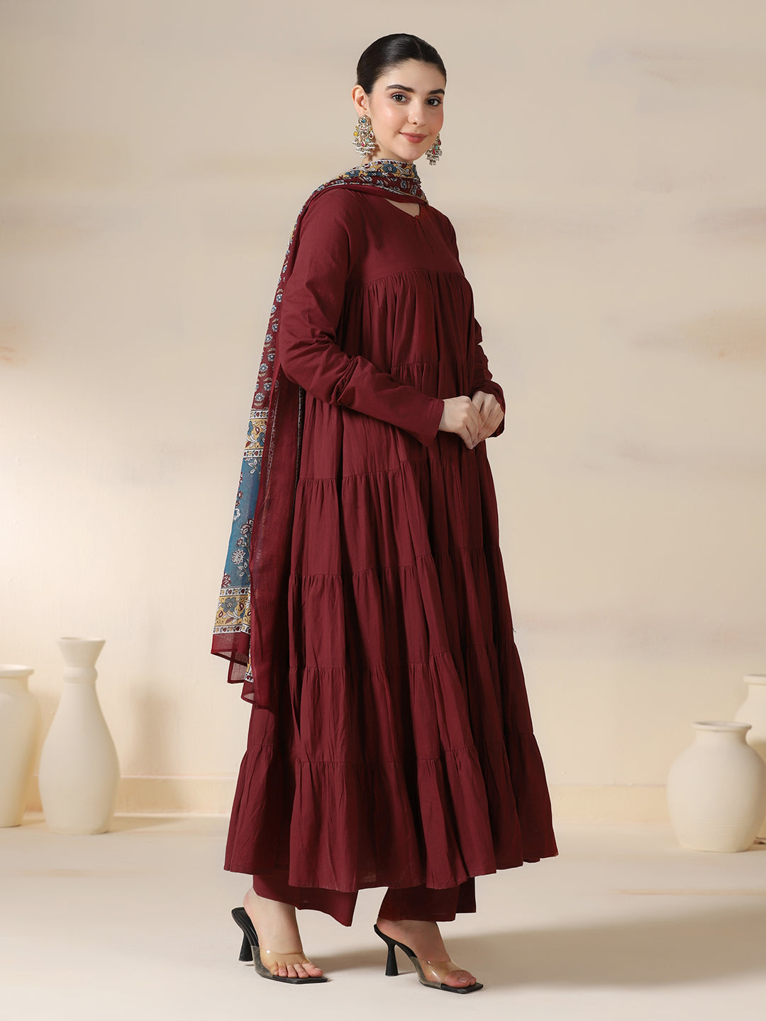 Maroon Pure Cotton Solid Round Neck Full Sleeves Calf Length Flared Kurta Pant And Dupatta Set Mizazjaipur