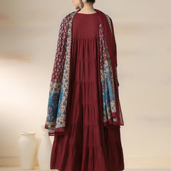 Maroon Pure Cotton Solid Round Neck Full Sleeves Calf Length Flared Kurta Pant And Dupatta Set Mizazjaipur