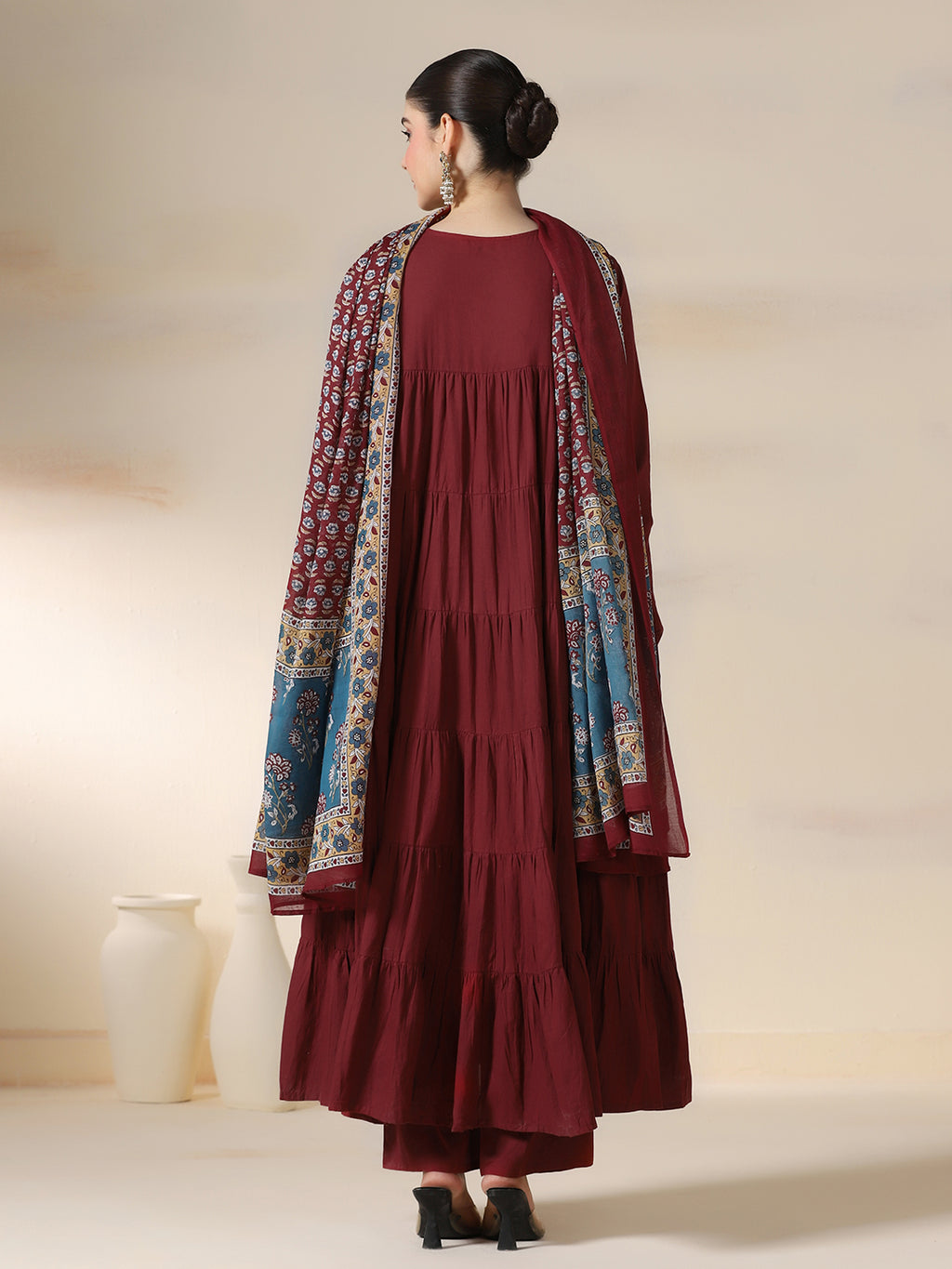 Maroon Pure Cotton Solid Round Neck Full Sleeves Calf Length Flared Kurta Pant And Dupatta Set Mizazjaipur