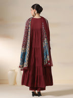 Maroon Pure Cotton Solid Round Neck Full Sleeves Calf Length Flared Kurta Pant And Dupatta Set Mizazjaipur
